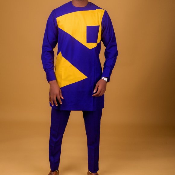 blue yellow bazin african men's suit - Picture 2 of 5